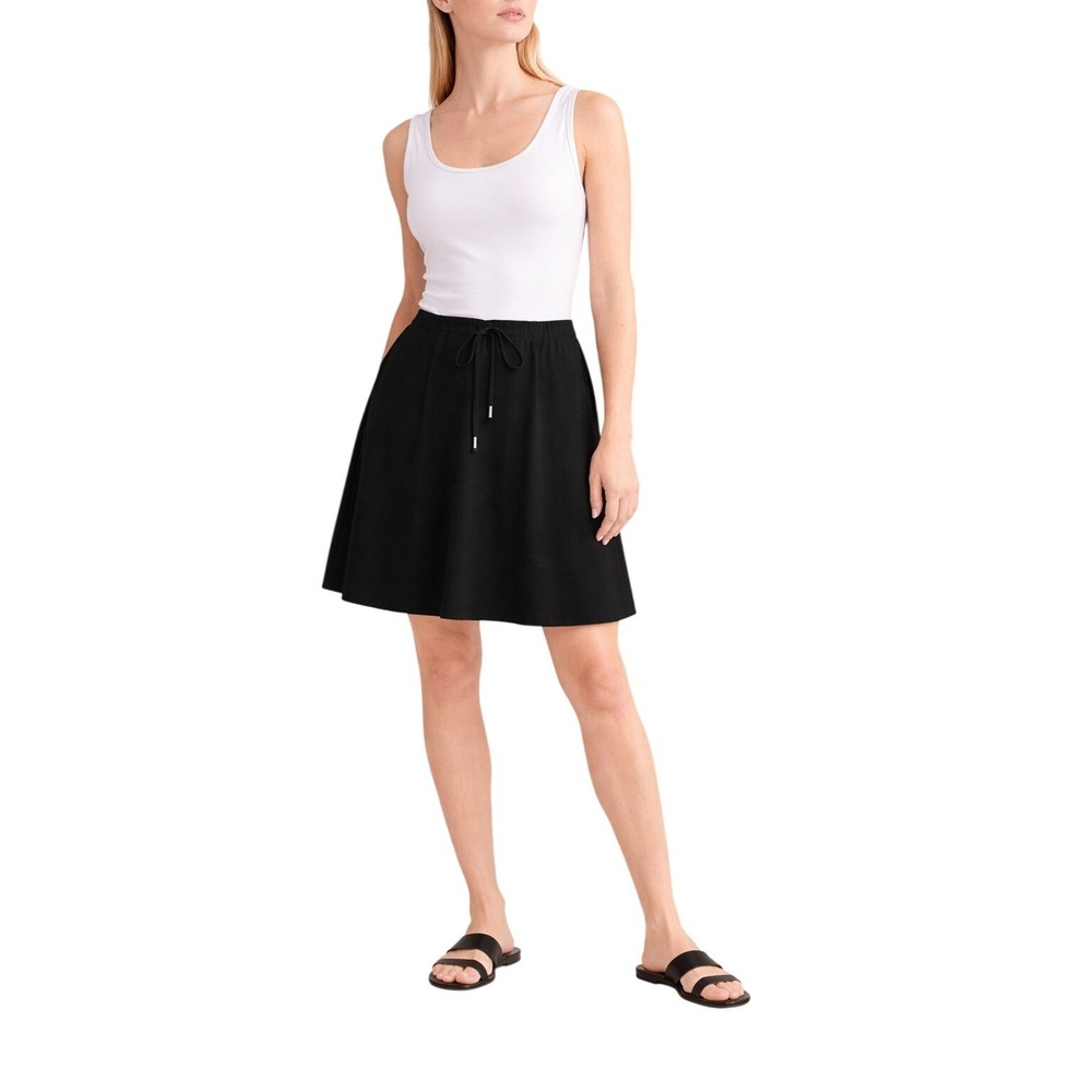 EILEEN FISHER Silk Georgette Crepe Black Skirt Minimalist tie waist NEW Size L‎